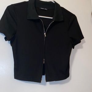 Black collared crop top with zippers that meet